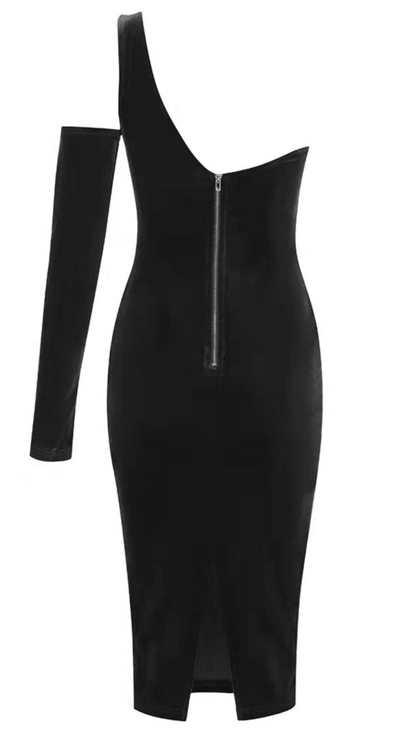 AIIZIE BLACK ONE SHOULDER VELVET MIDI DRESS - product image