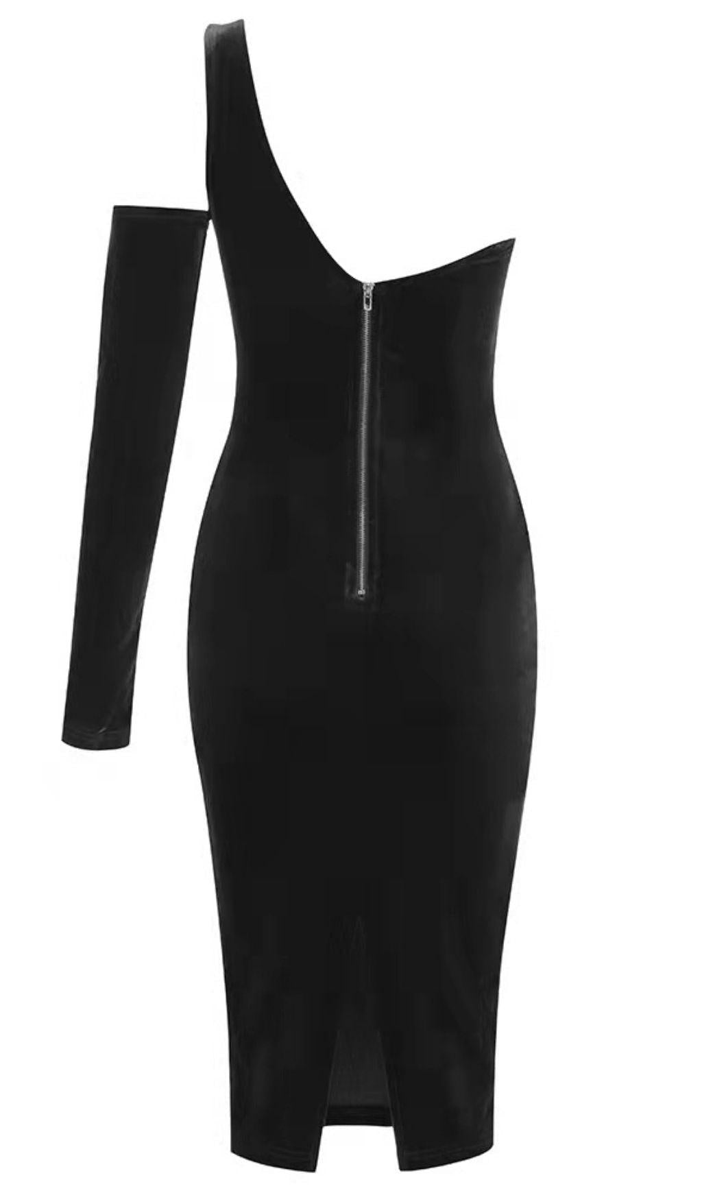 ABITO MIDI IN VELLUTO NERO MONOSPALLA