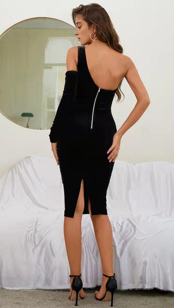 Black One Shoulder Velvet Midi Dress