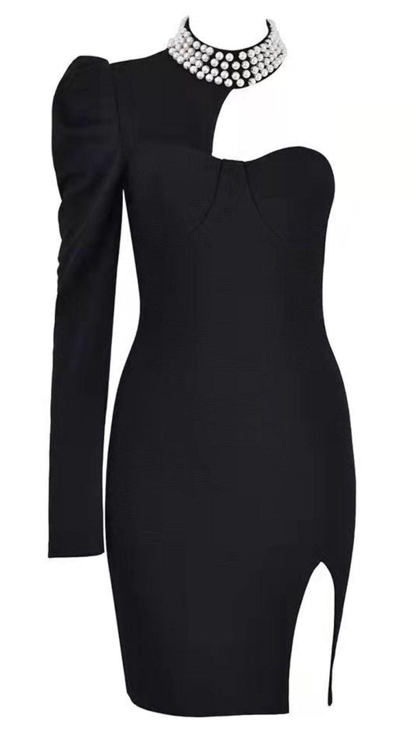 AIIZIE BLACK PEARL ONE SHOULDER MINI BANDAGE DRESS - product image