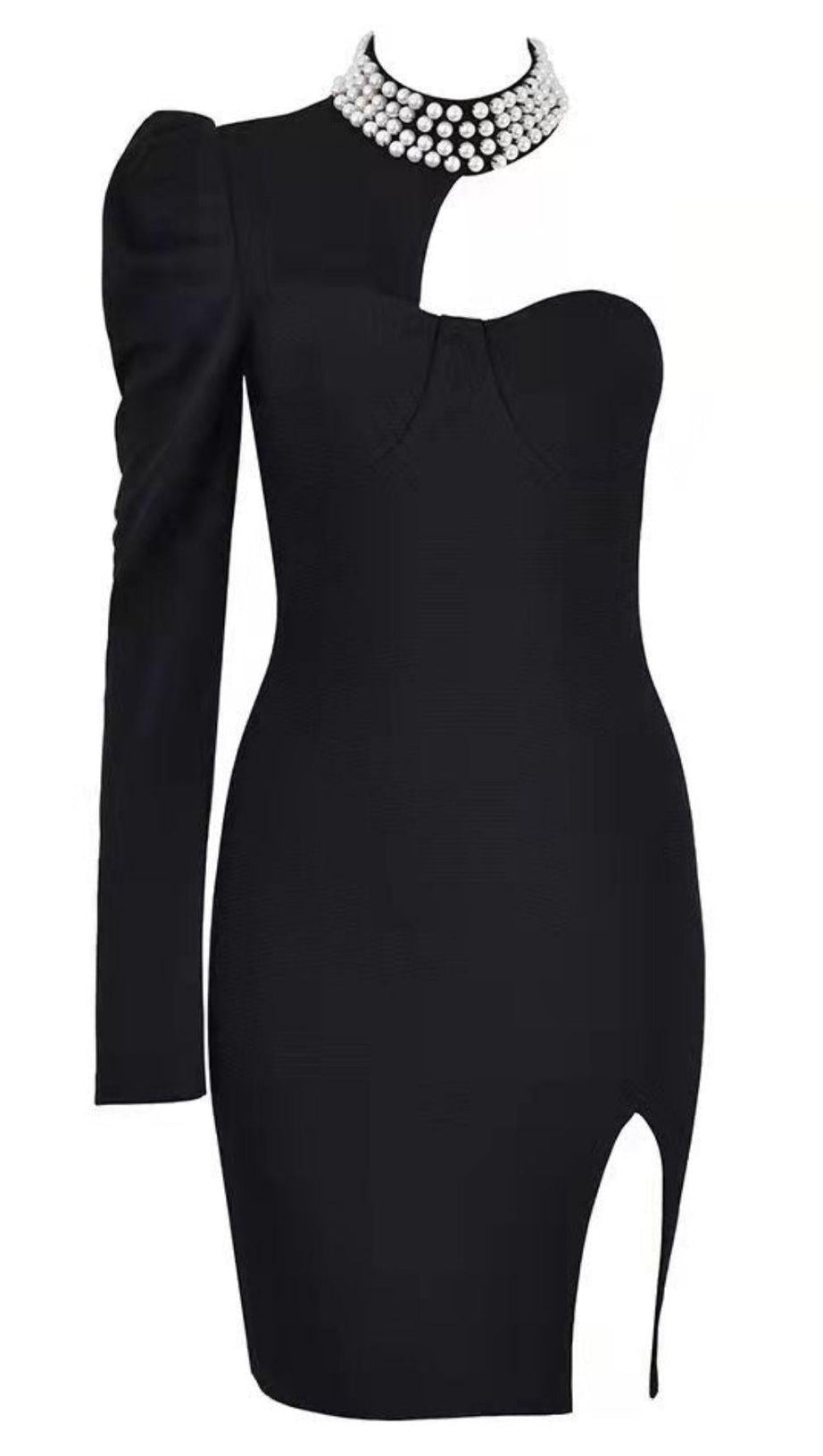 BLACK PEARL ONE SHOULDER MINI BANDAGE DRESS