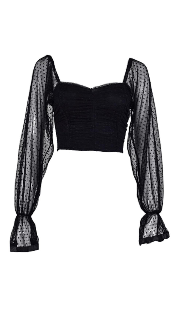 AIIZIE BLACK POLKA DOT WRAP CHEST CROP TOP - product image