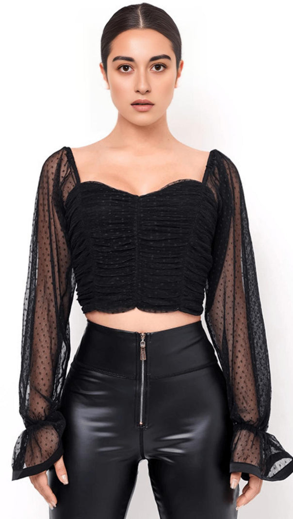 AIIZIE BLACK POLKA DOT WRAP CHEST CROP TOP - product image