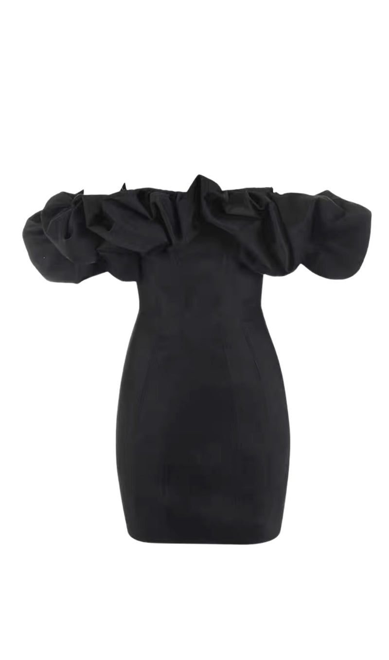 BLACK SATIN RUFFLE STRAPLESS DRESS