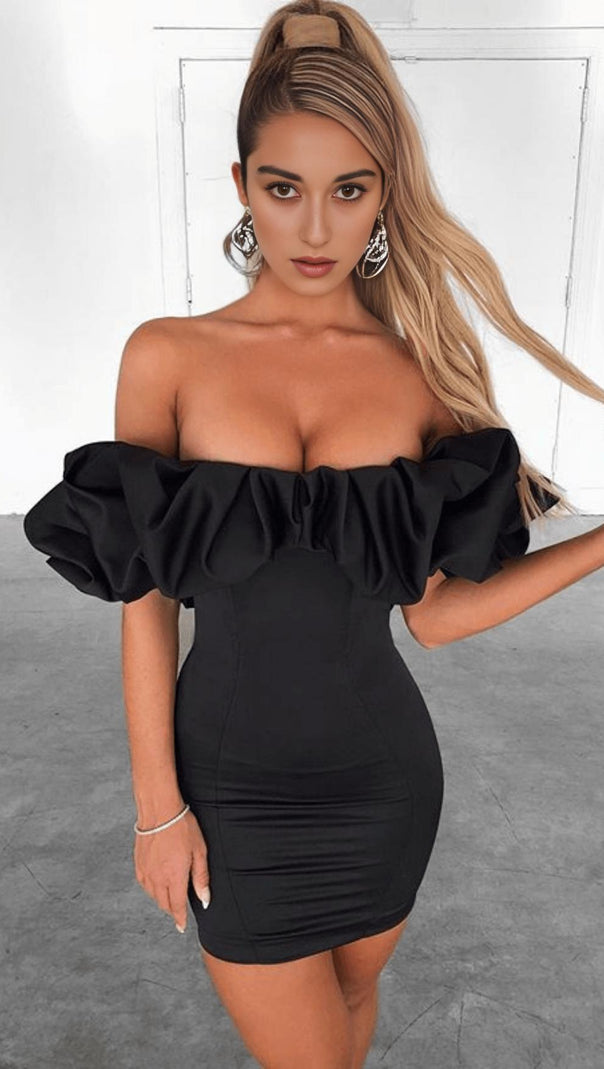 AIIZIE BLACK SATIN RUFFLE STRAPLESS DRESS - product image