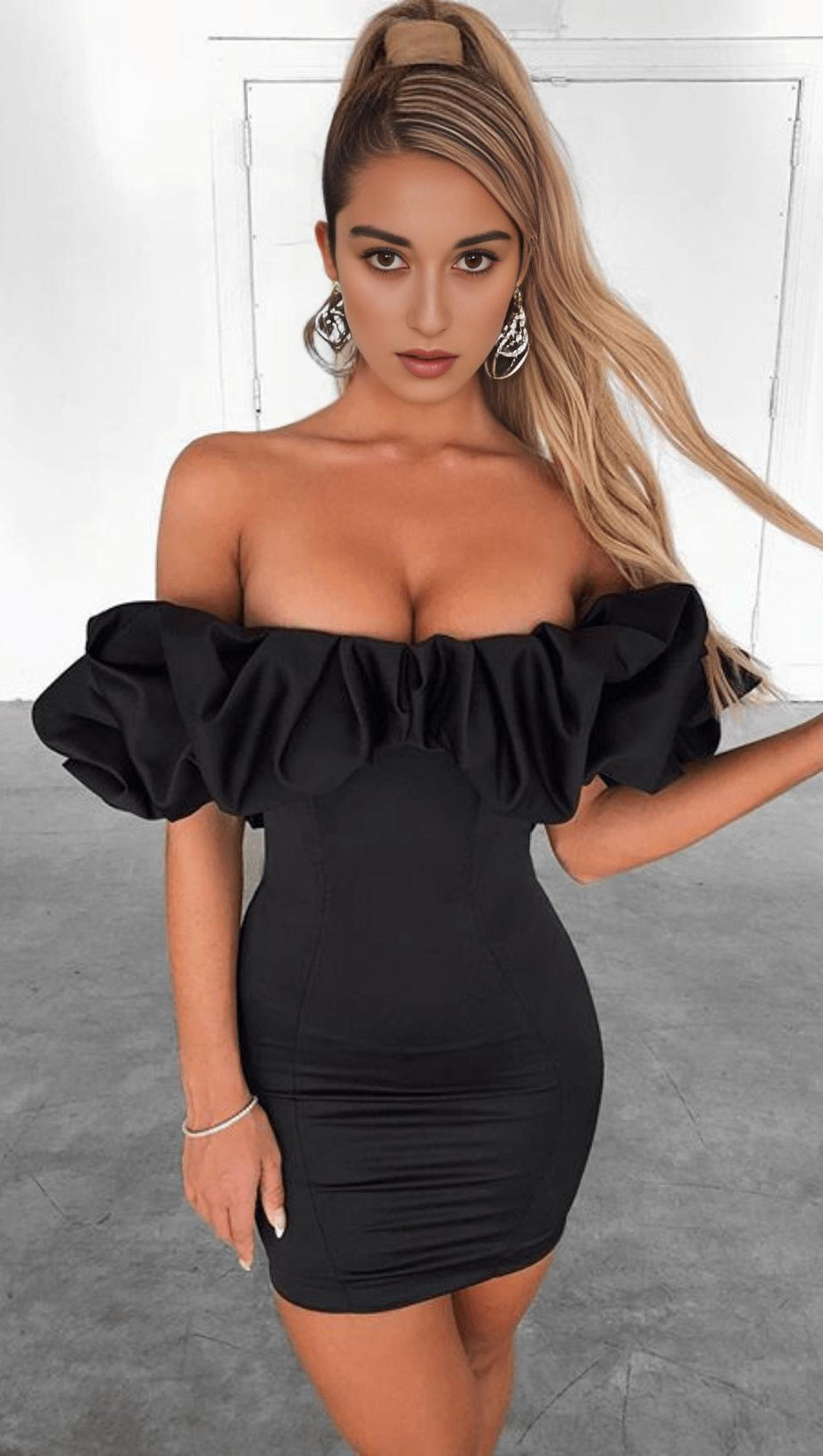 BLACK SATIN RUFFLE STRAPLESS DRESS