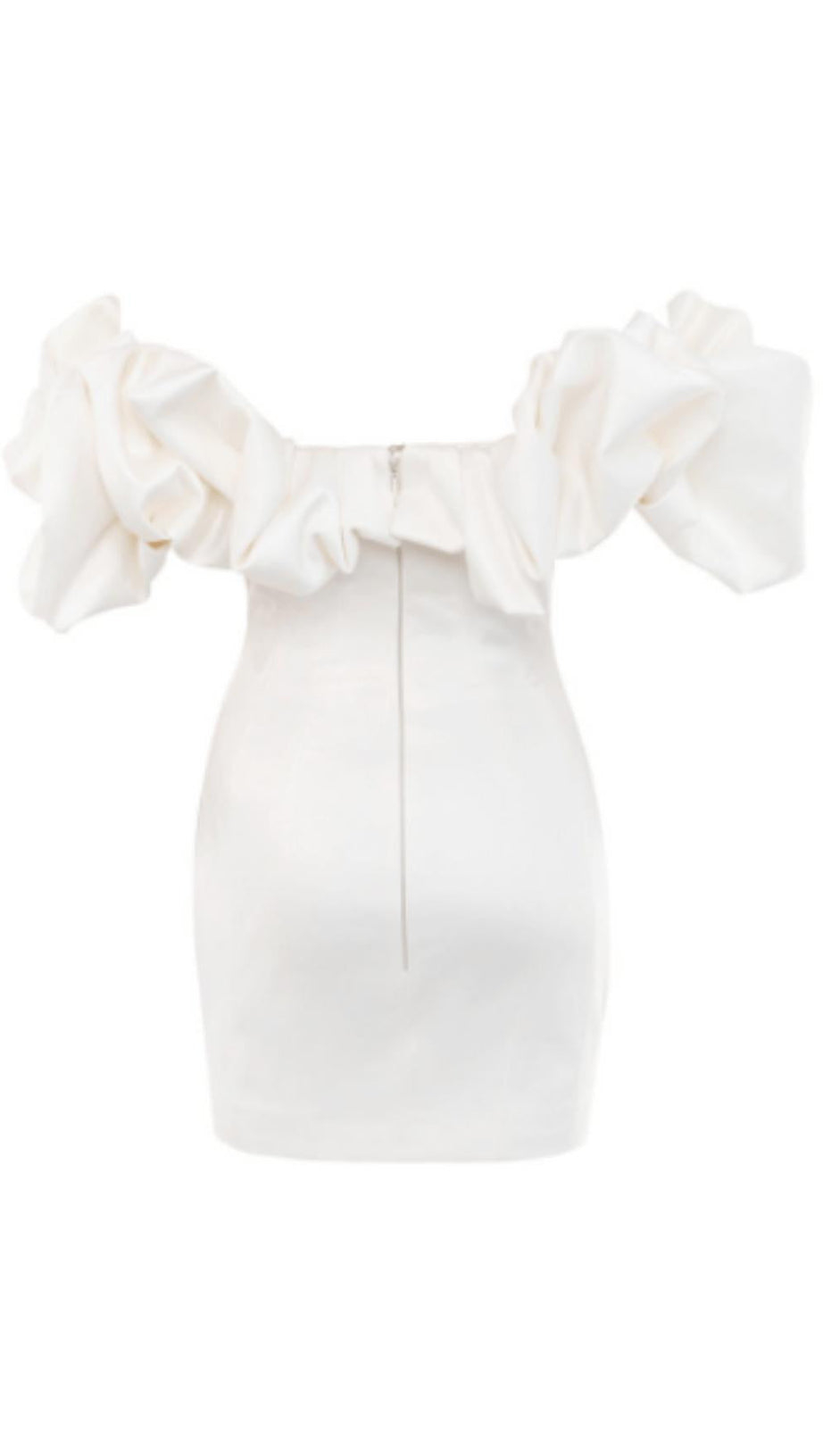 BLACK SATIN RUFFLE STRAPLESS DRESS