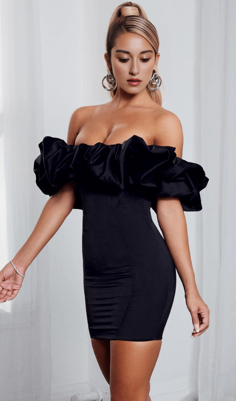 BLACK SATIN RUFFLE STRAPLESS DRESS