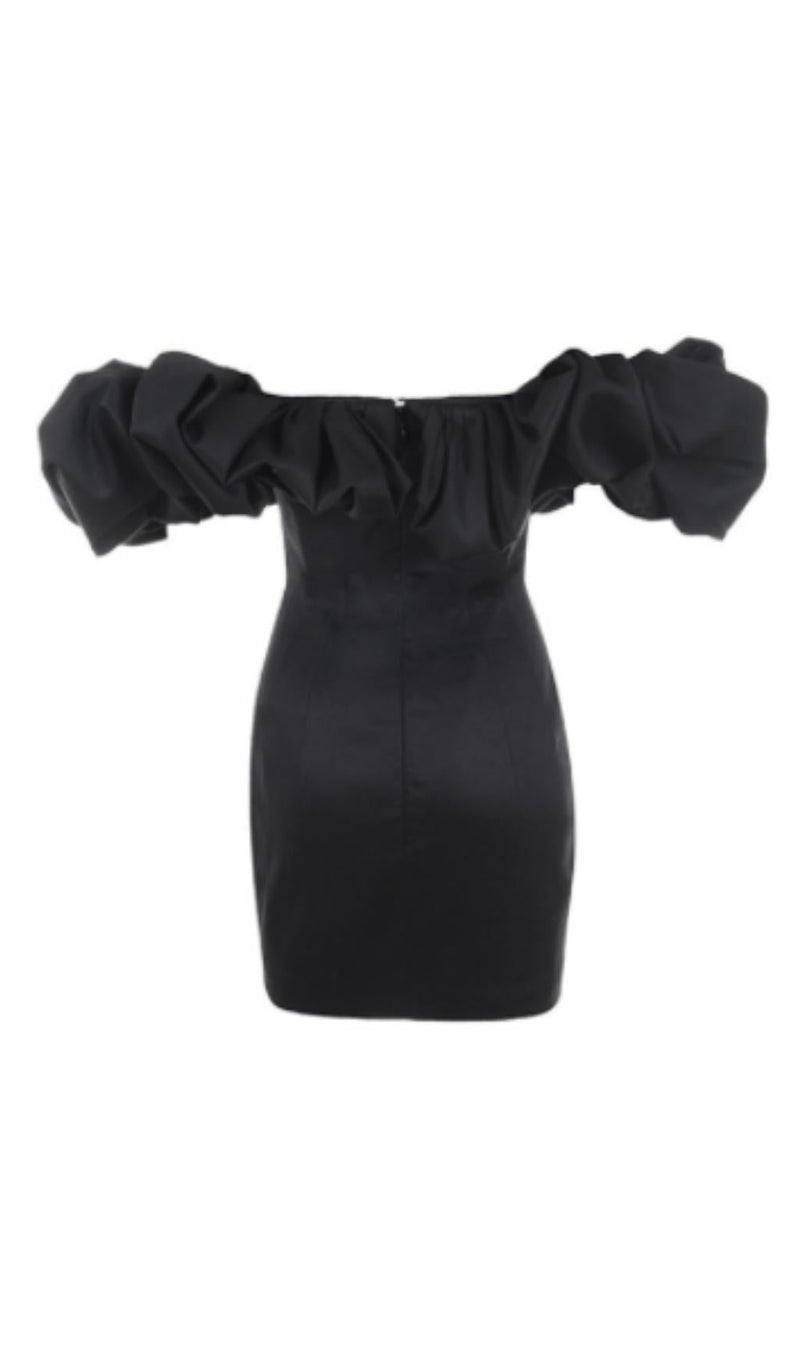 BLACK SATIN RUFFLE STRAPLESS DRESS