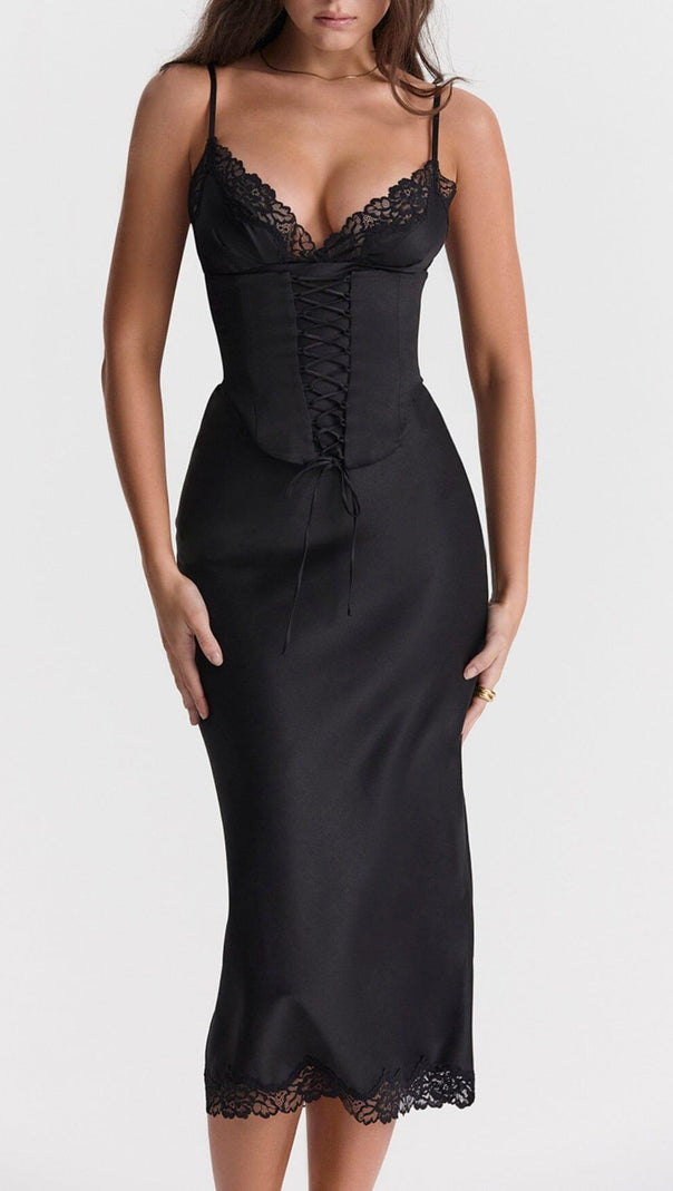 AIIZIE BLACK SATIN SLIP DRESS - product image