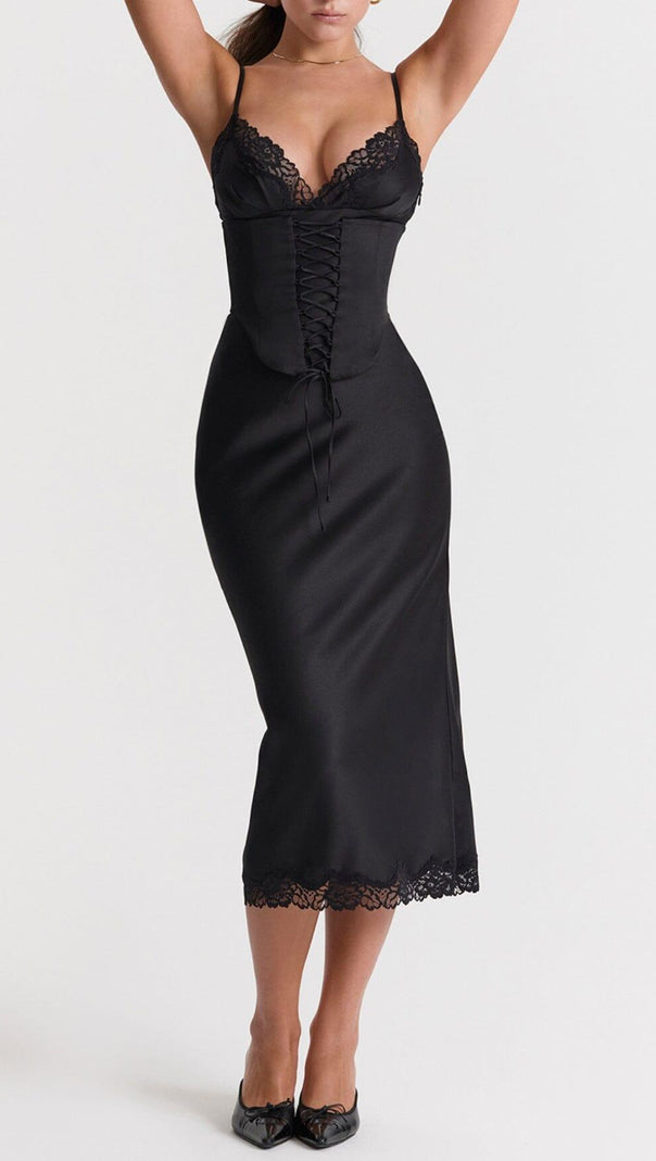 AIIZIE BLACK SATIN SLIP DRESS - product image