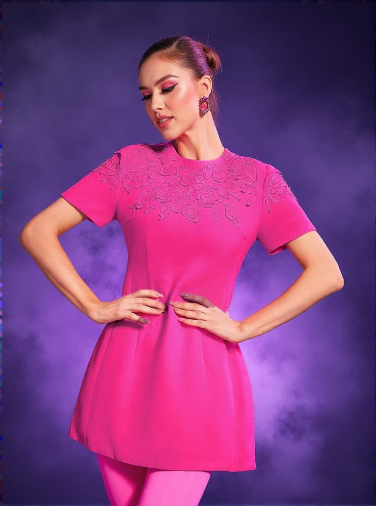 Wilder Jacquard Short Sleeve Mini Dress In Hot Pink