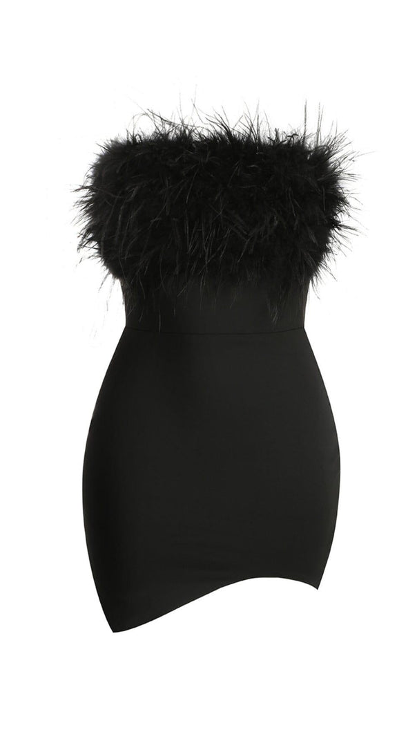 AIIZIE BLACK STRAPLESS FEATHER BODYCON MINI DRESS - product image