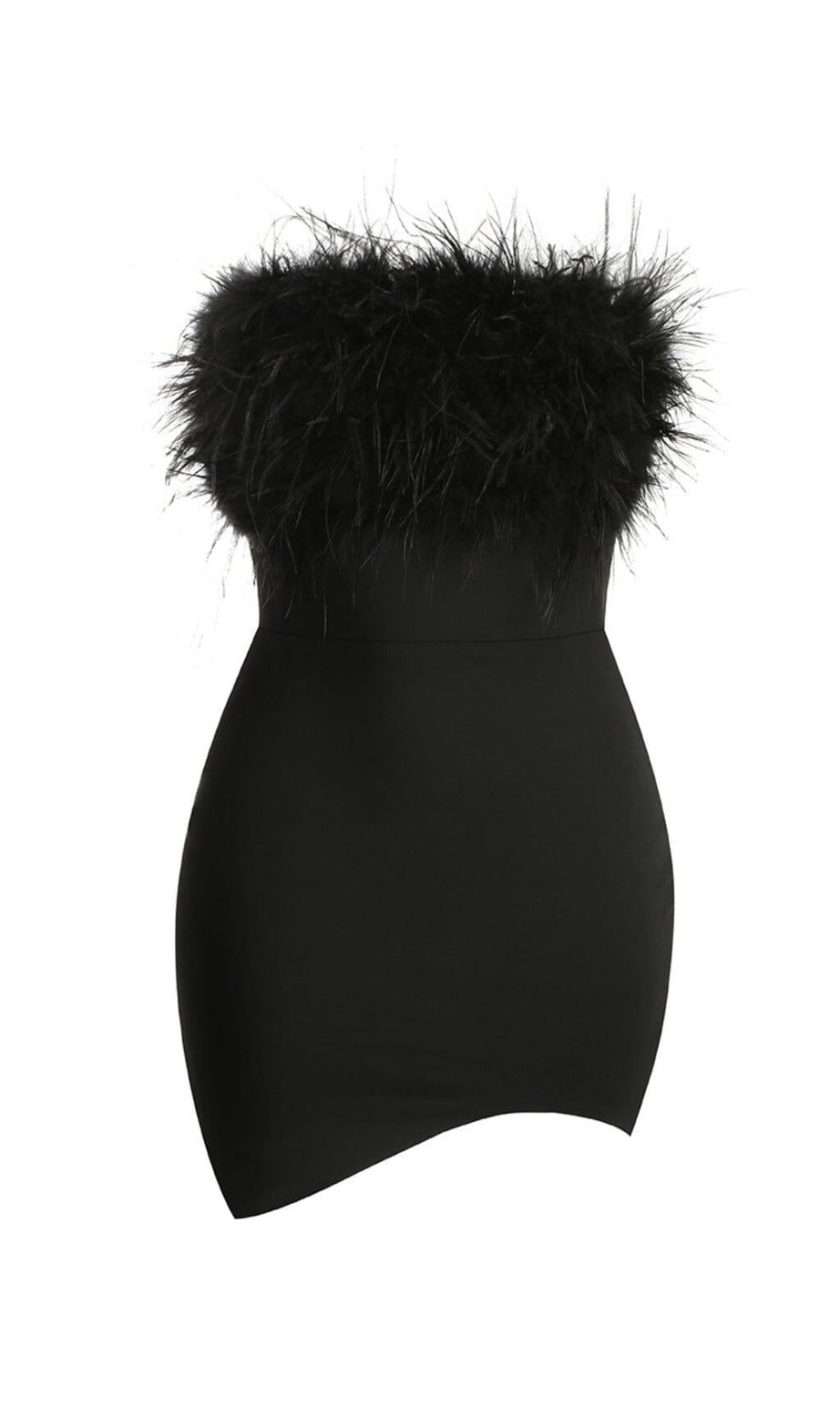 MINI ABITO ADERENTE NERO SENZA SPALLINE CON PIUME