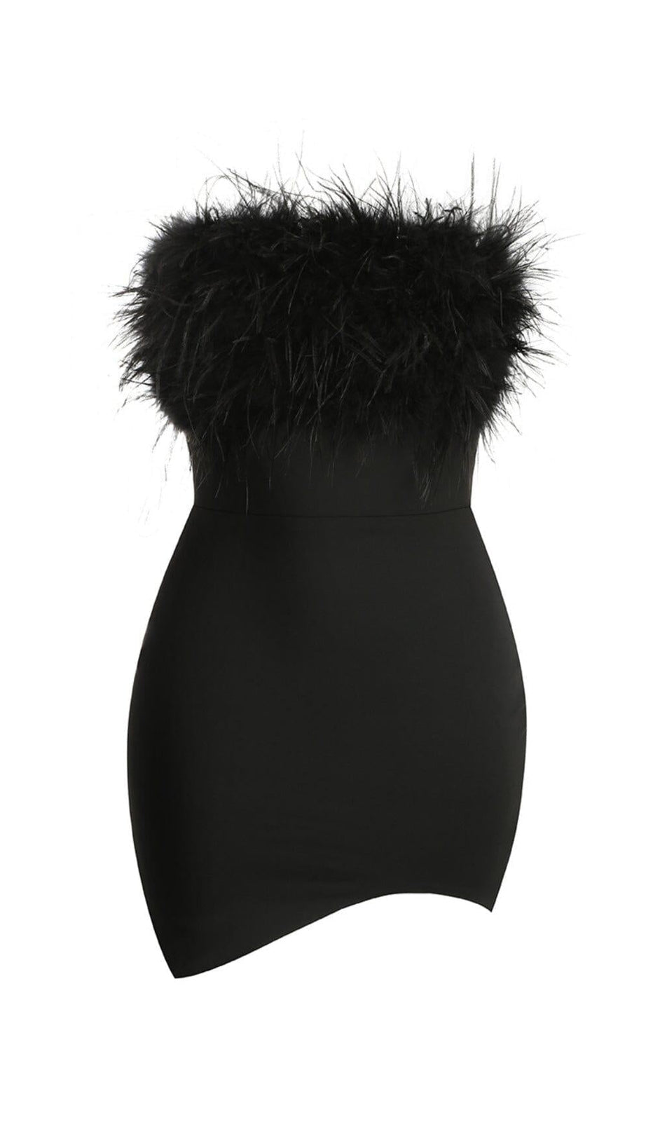 BLACK STRAPLESS FEATHER BODYCON MINI DRESS