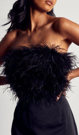 BLACK STRAPLESS FEATHER BODYCON MINI DRESS