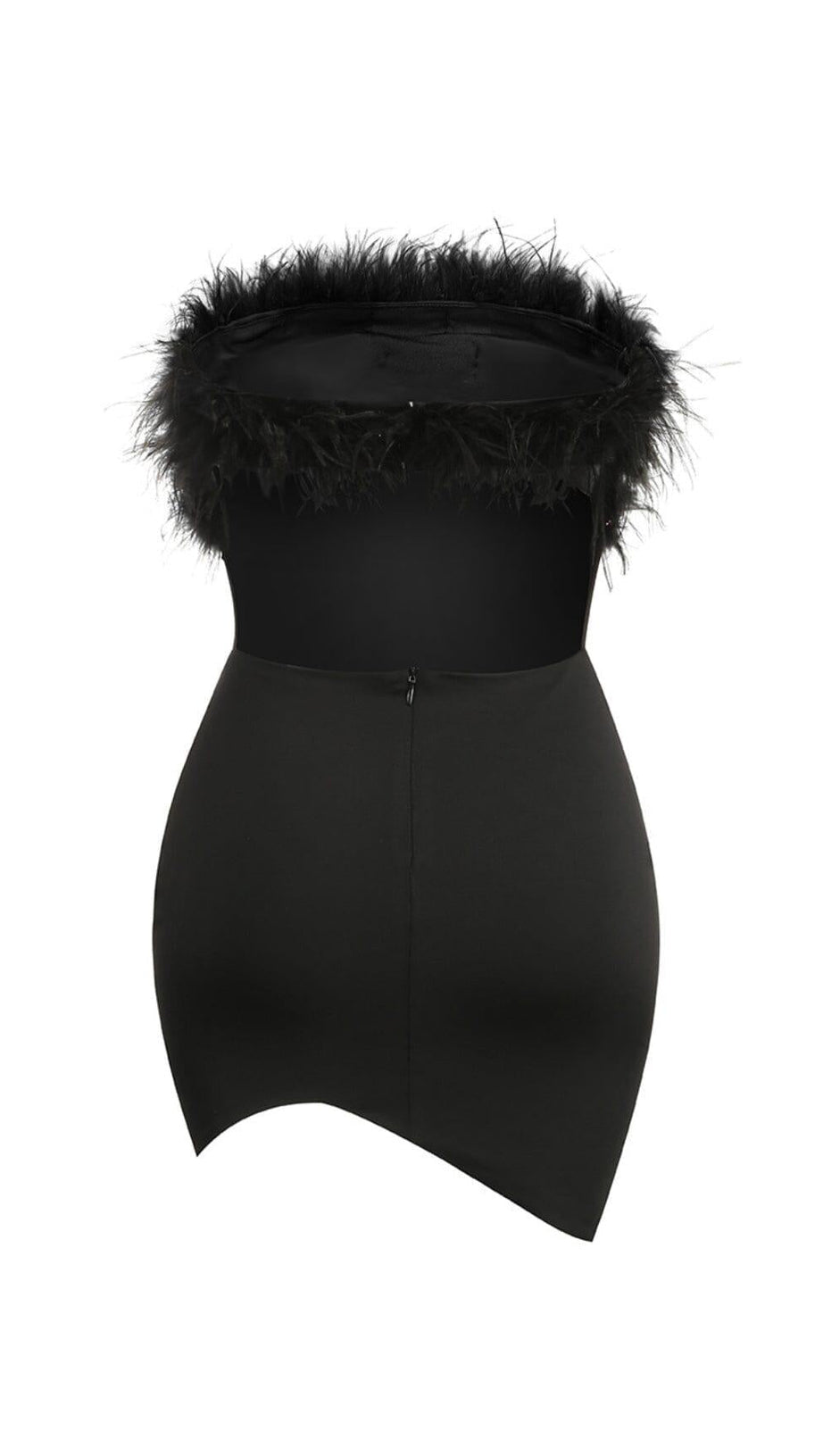 BLACK STRAPLESS FEATHER BODYCON MINI DRESS