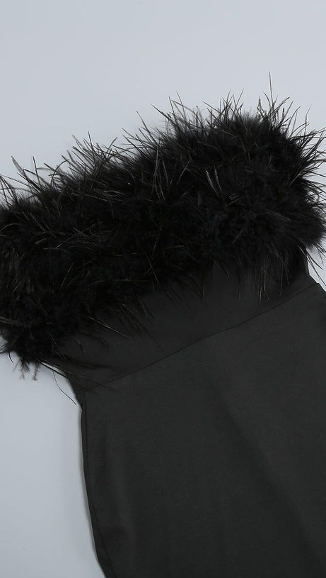 BLACK STRAPLESS FEATHER BODYCON MINI DRESS