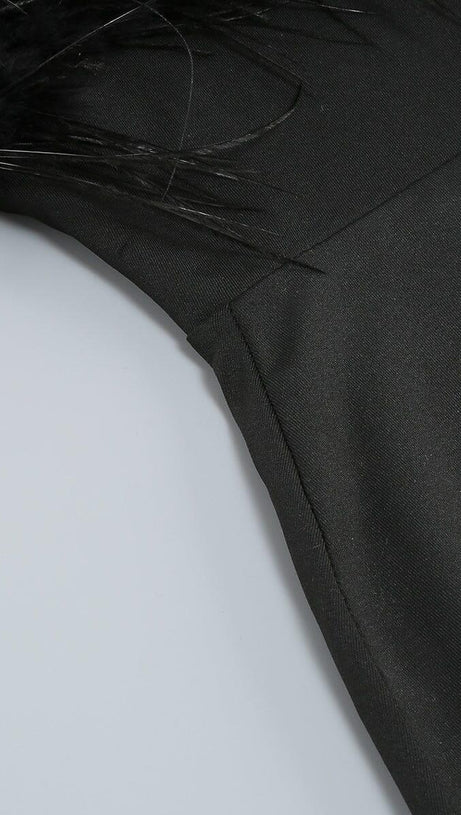 BLACK STRAPLESS FEATHER BODYCON MINI DRESS
