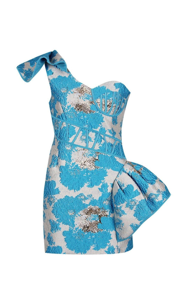 BLUE JACQUARD ONE SHOULDER MINI DRESS