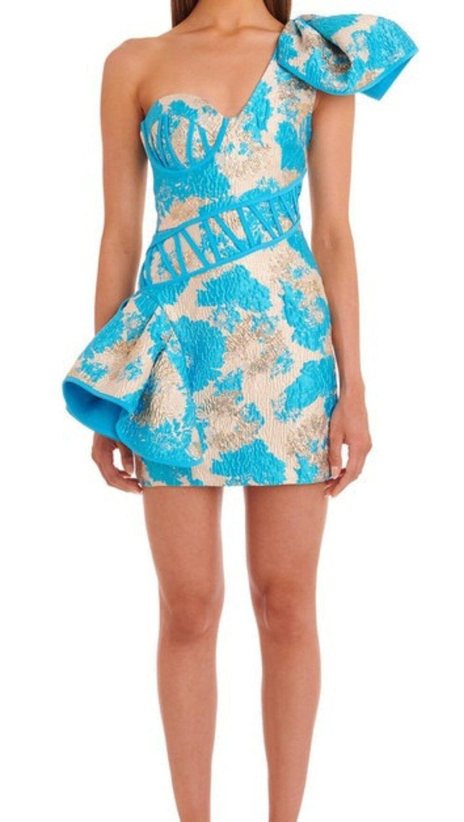 BLUE JACQUARD ONE SHOULDER MINI DRESS