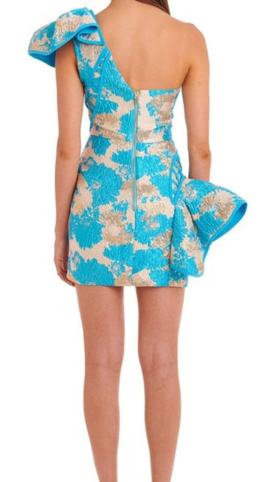 BLUE JACQUARD ONE SHOULDER MINI DRESS
