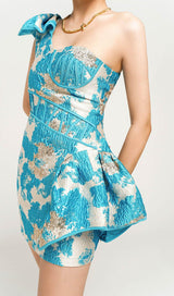 BLUE JACQUARD ONE SHOULDER MINI DRESS