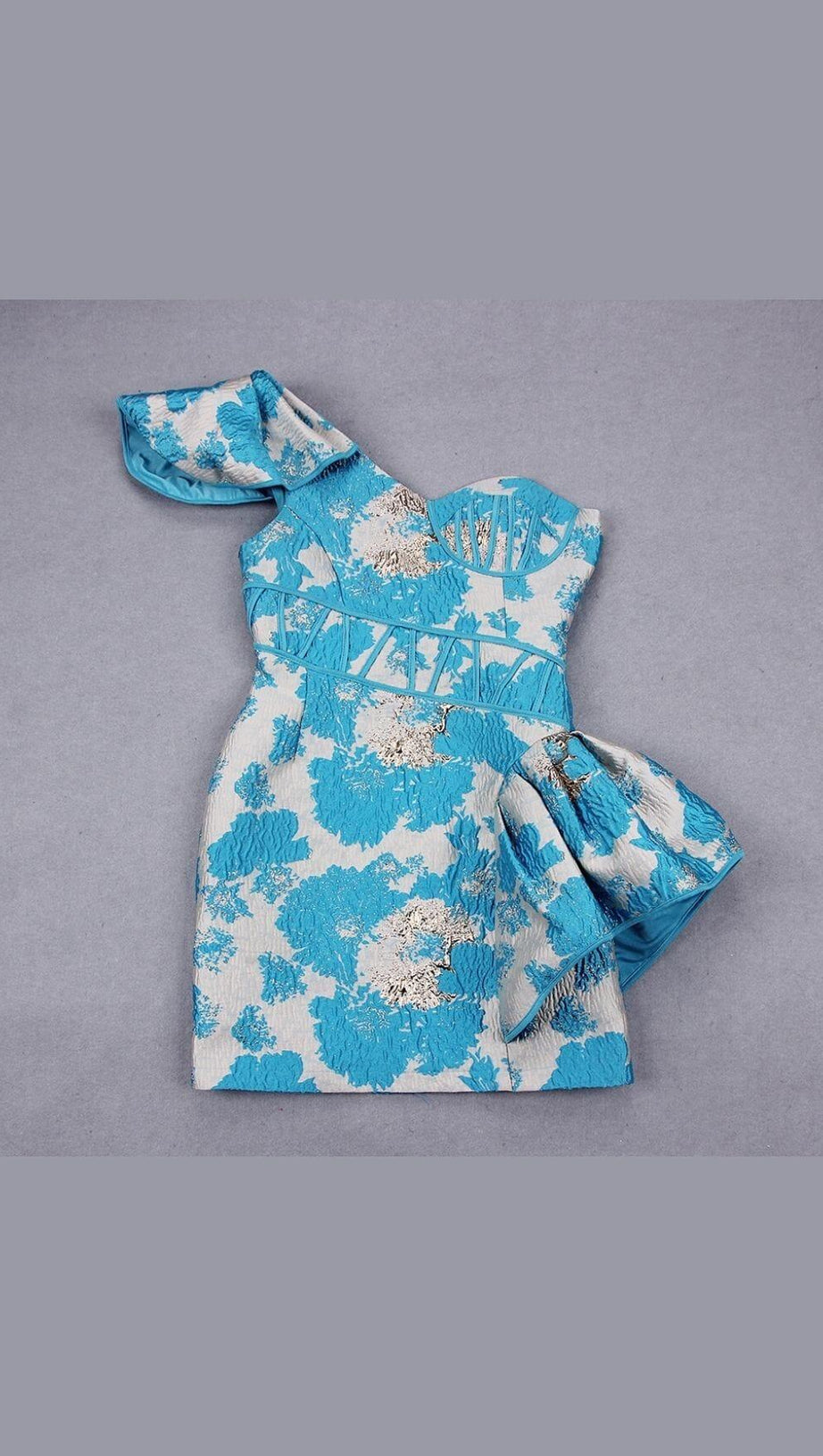 BLUE JACQUARD ONE SHOULDER MINI DRESS