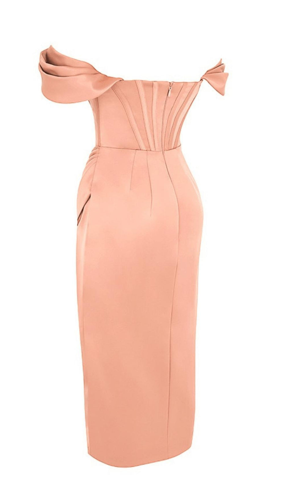 ASYMMETRIC SPLIT CORSET MIDI DRESS IN BLUSH