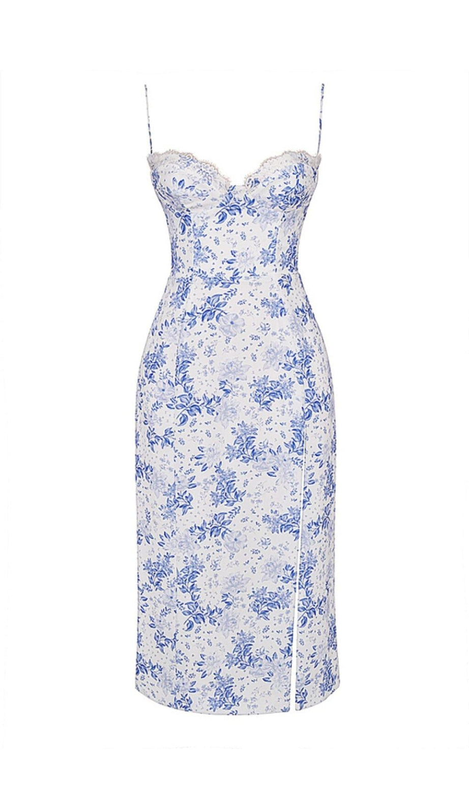 BLUE PRINT CORSET MIDI DRESS