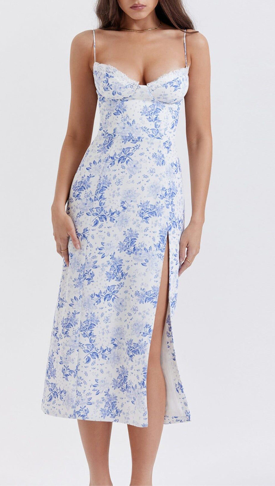 ABITO MIDI CON CORSETTO STAMPATO BLU