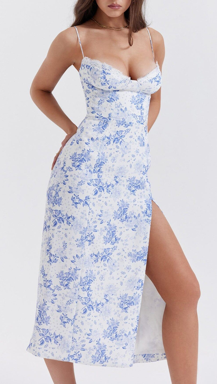 ABITO MIDI CON CORSETTO STAMPATO BLU