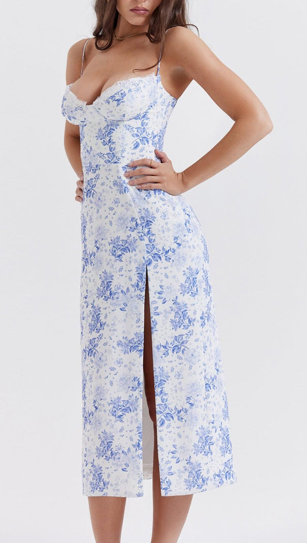 AIIZIE BLUE PRINT CORSET MIDI DRESS - product image