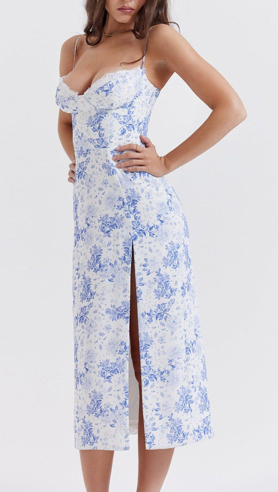 ABITO MIDI CON CORSETTO STAMPATO BLU