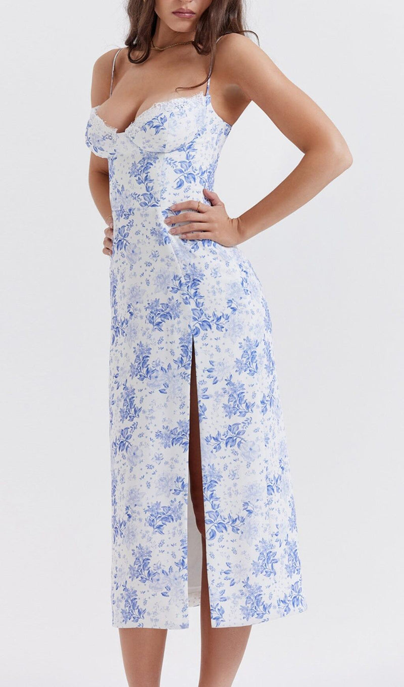 BLUE PRINT CORSET MIDI DRESS