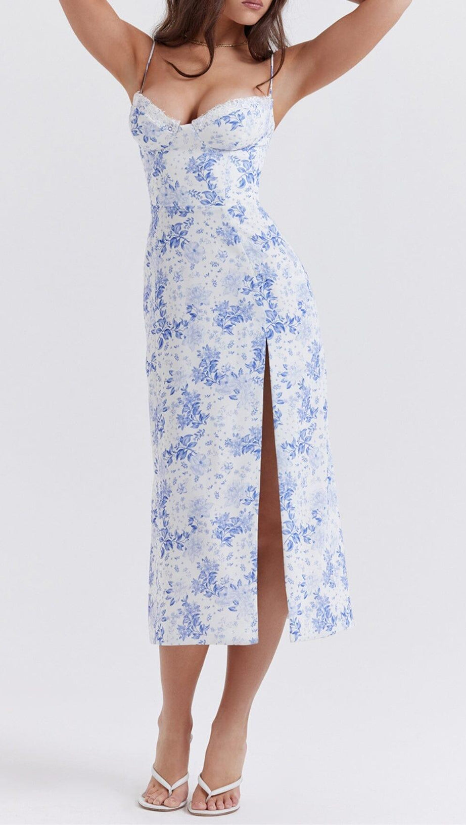 ABITO MIDI CON CORSETTO STAMPATO BLU