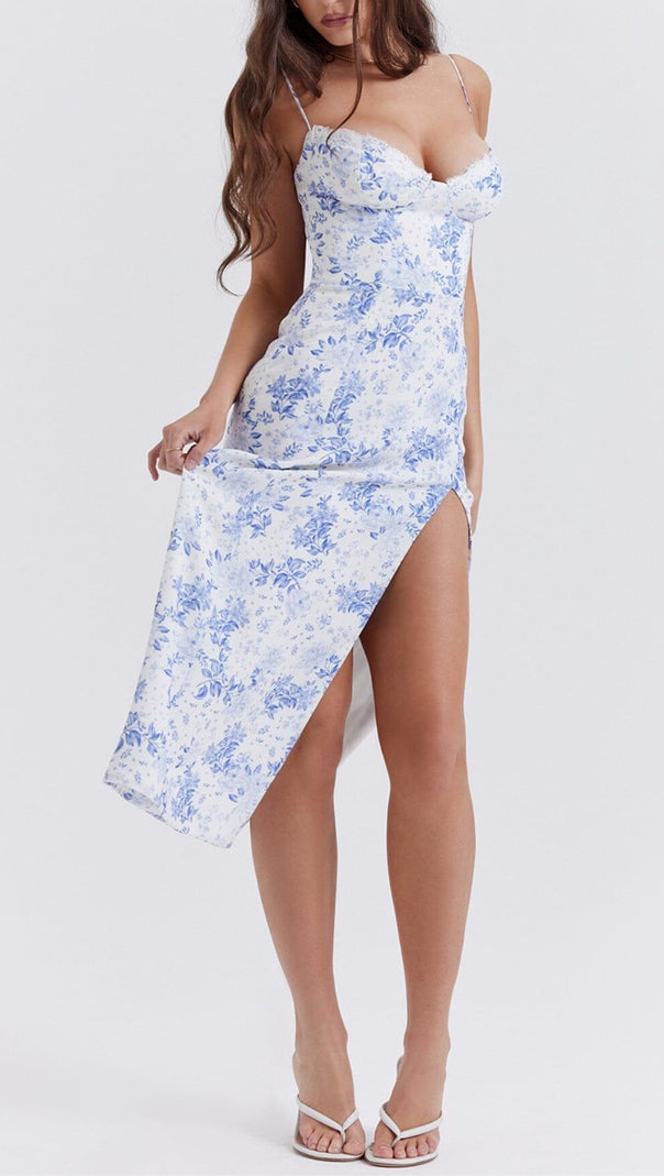ABITO MIDI CON CORSETTO STAMPATO BLU