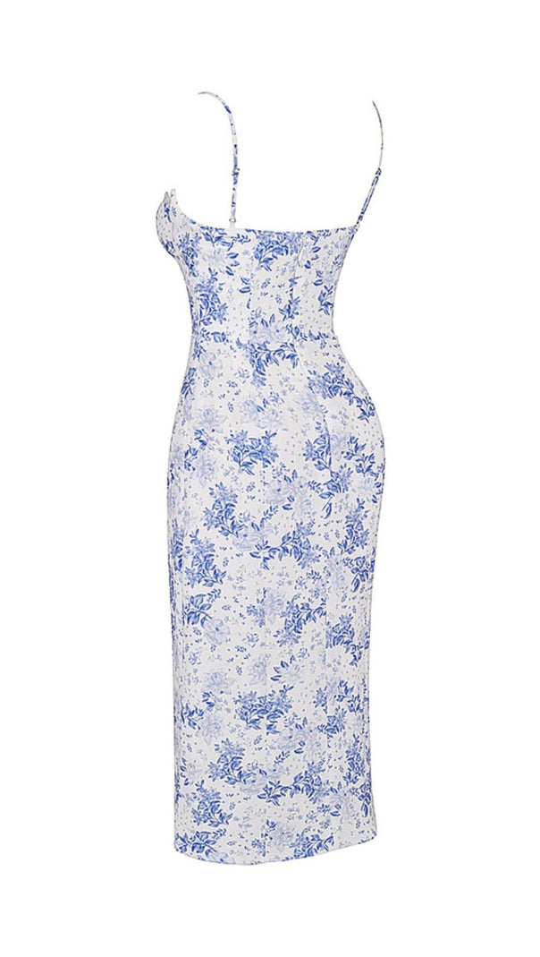 ABITO MIDI CON CORSETTO STAMPATO BLU
