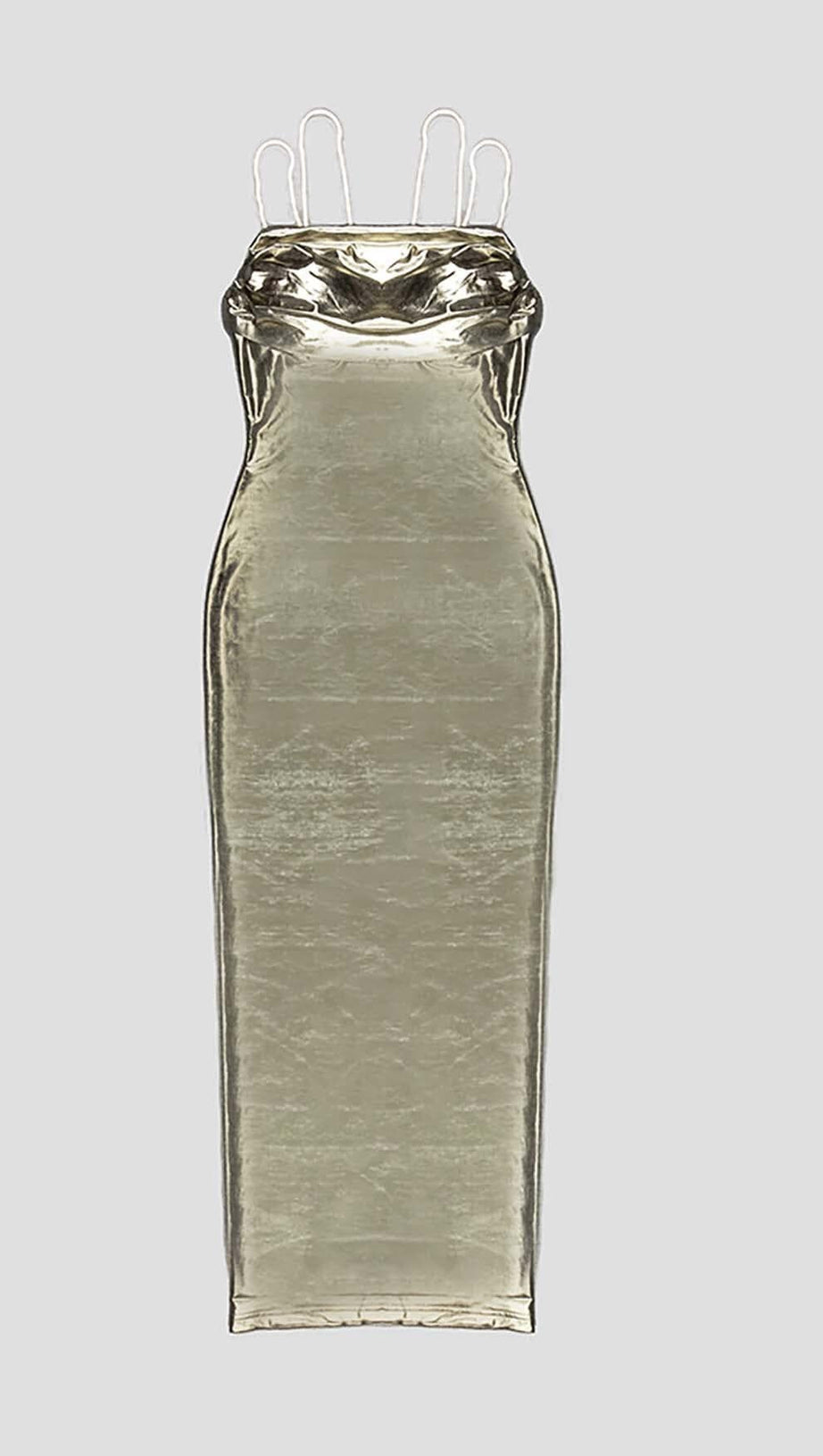 BODYCON FAUX LEATHER MIDI DRESS IN GOLD METALLIC