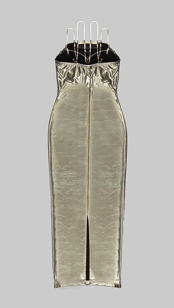 AIIZIE BODYCON FAUX LEATHER MIDI DRESS IN GOLD METALLIC - product image