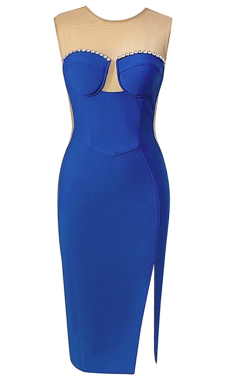 BODYCON MESH MIDI DRESS IN BLUE