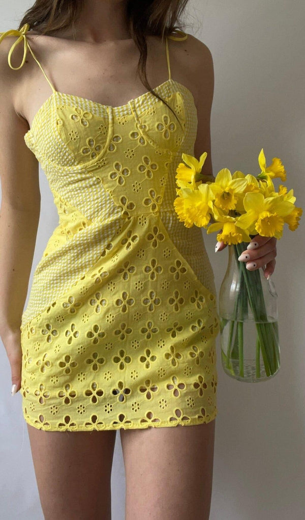 BOHEMIAN STRAPPY MINI DRESS IN LEMON