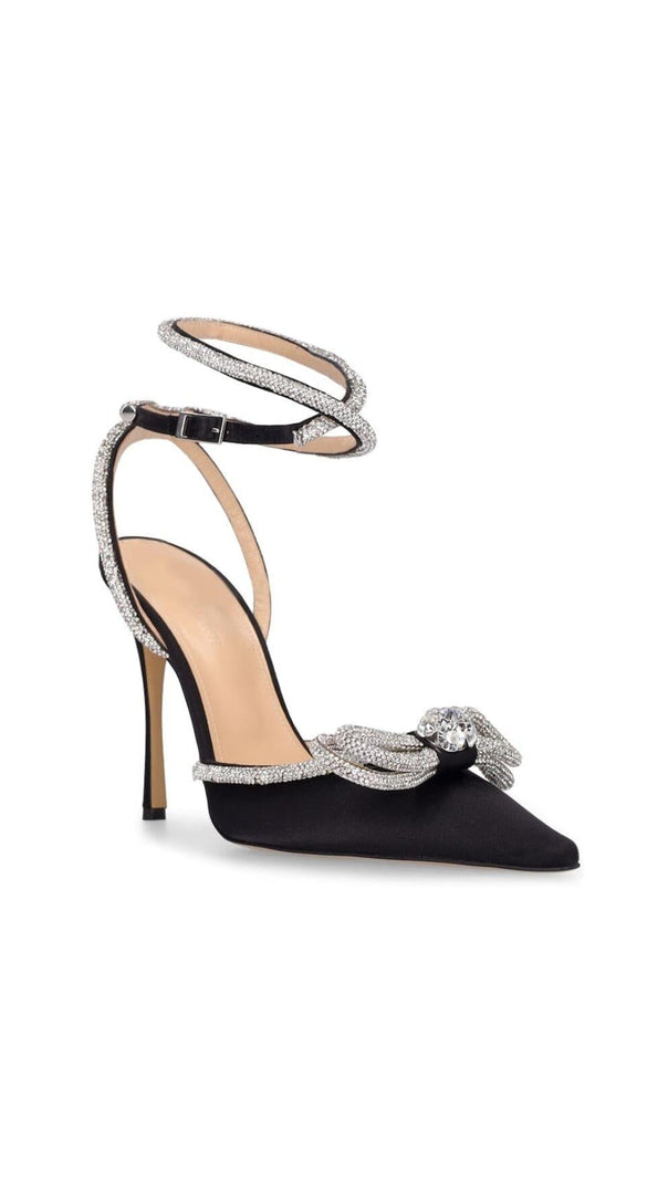 AIIZIE BOW CRYSTAL SATIN HEELS IN BLACK - product image