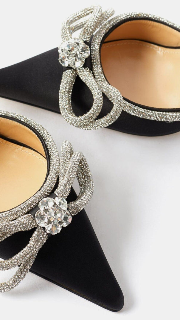 AIIZIE BOW CRYSTAL SATIN HEELS IN BLACK - product image