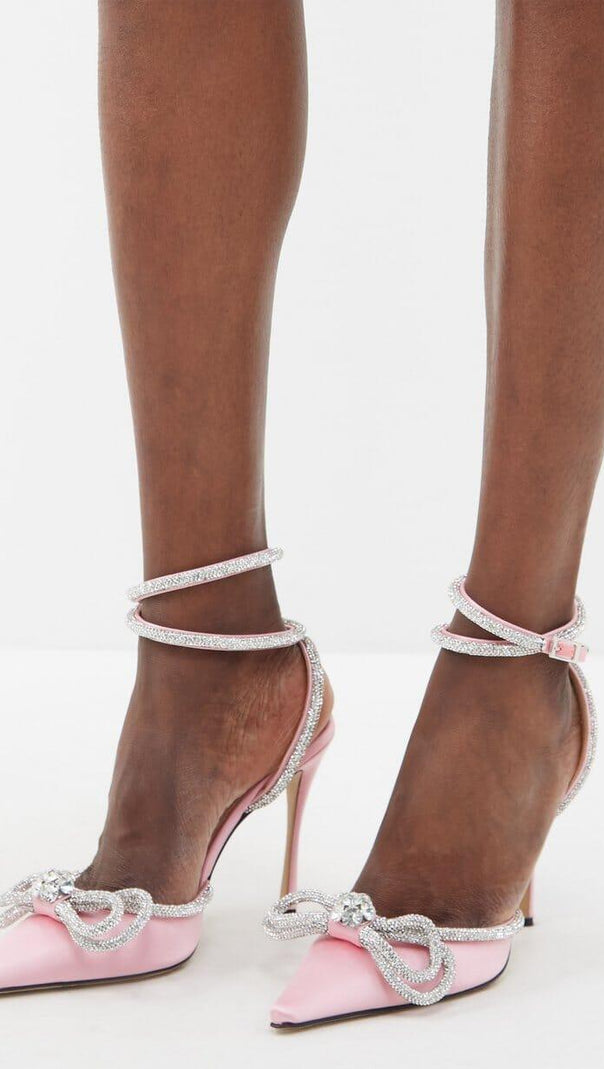 AIIZIE BOW CRYSTAL SATIN HEELS IN BLUSH - product image