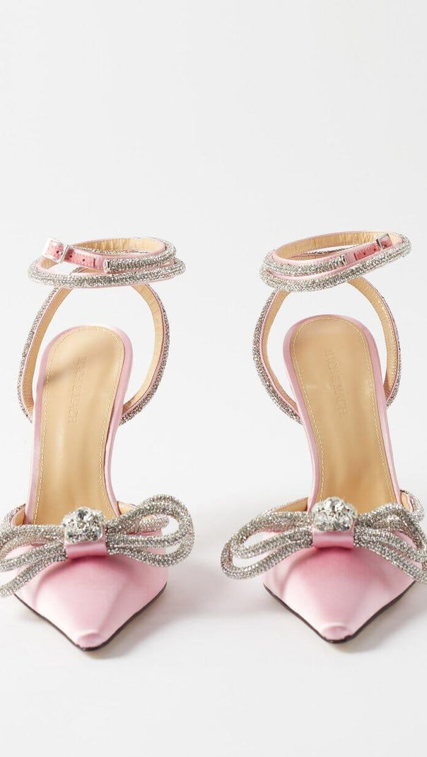 AIIZIE BOW CRYSTAL SATIN HEELS IN BLUSH - product image