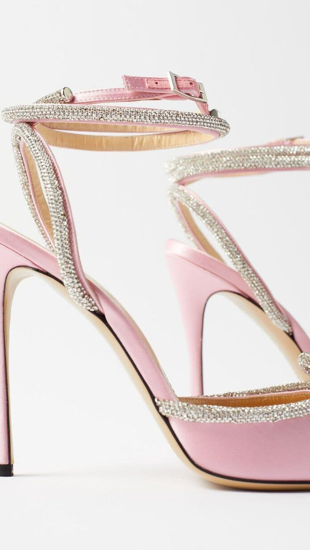 AIIZIE BOW CRYSTAL SATIN HEELS IN BLUSH - product image