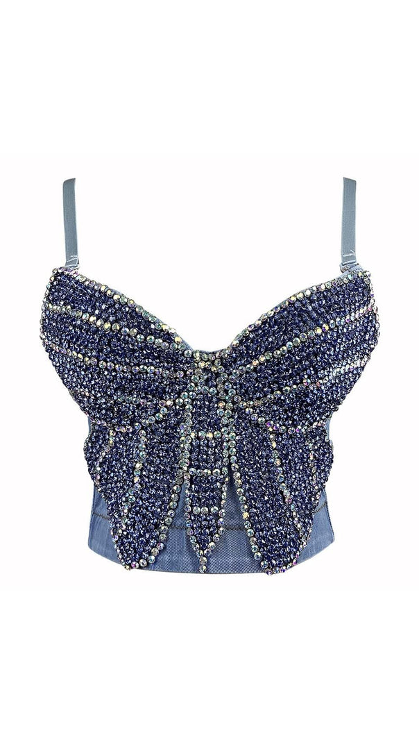 AIIZIE BOW-EMBELLISHED DENIM CROPPED TOP IN NAVY BLUE - product image
