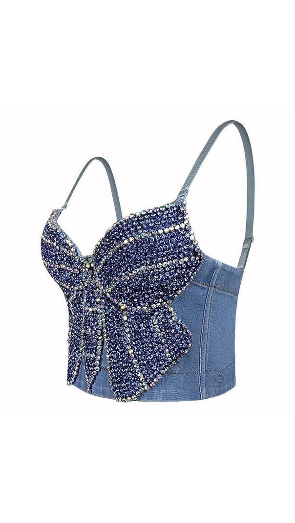 AIIZIE BOW-EMBELLISHED DENIM CROPPED TOP IN NAVY BLUE - product image