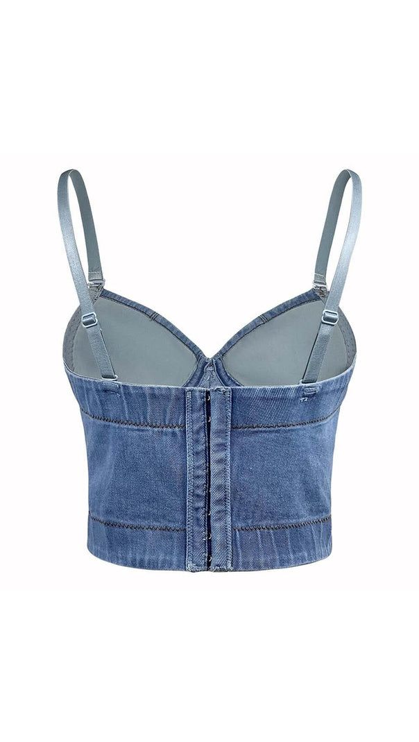 AIIZIE BOW-EMBELLISHED DENIM CROPPED TOP IN NAVY BLUE - product image